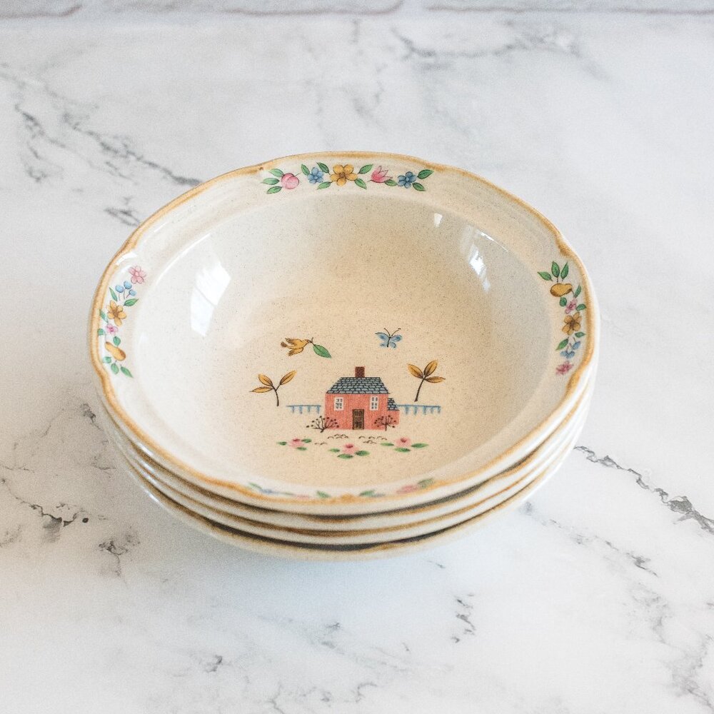 4 Vintage International Tableworks Stoneware Cereal Bowls – "Heartland" Pattern